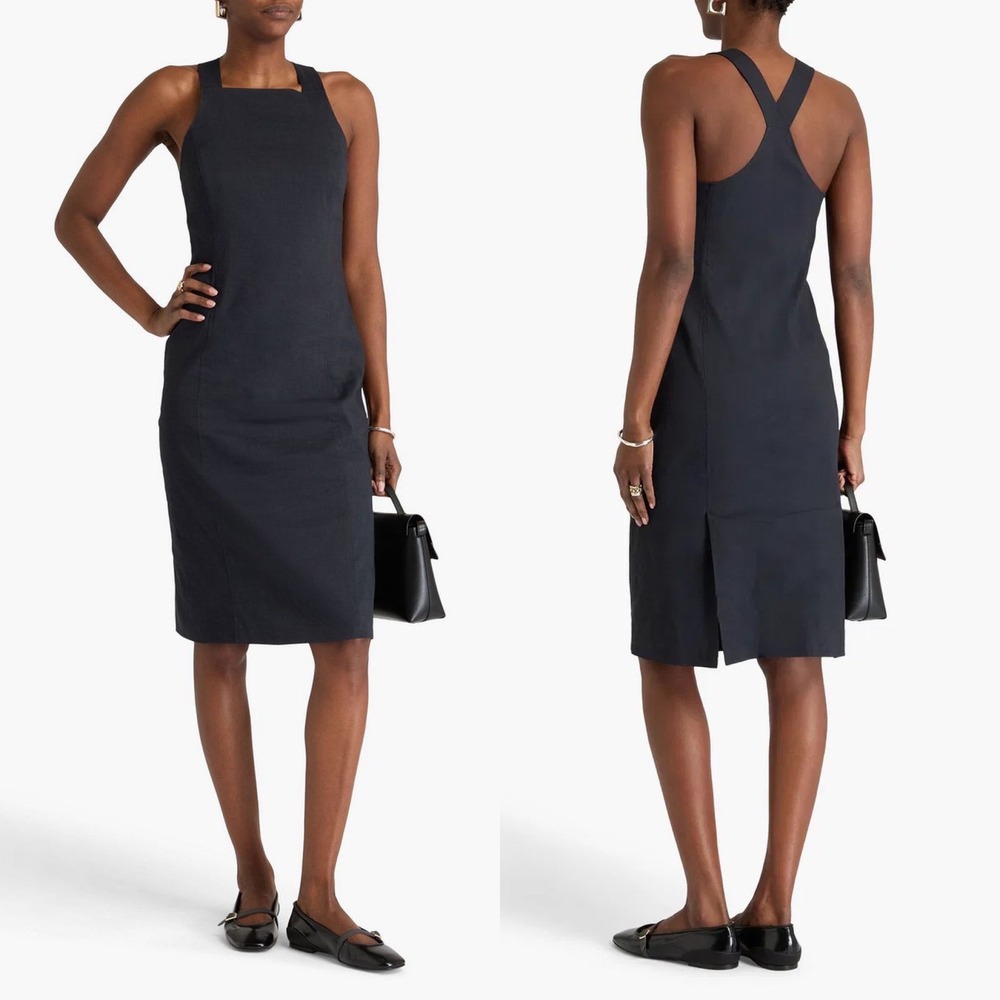$395 Theory Black Eco Crunch Wash Racerback Midi Dress Officecore 4